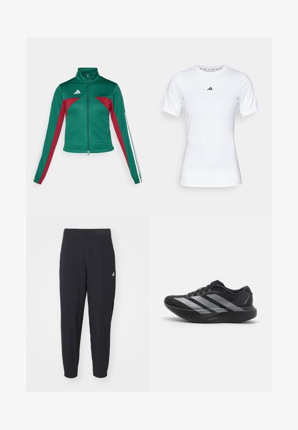 adidas Sportswear TIRO - Tréningová bunda - dark green/collegiate burgundy/white; Biela športová tričko s krátkymi rukávmi, vyrobené z hladkej, elastickej tkaniny. Obsahuje malé čierne logo Adidas na hrudi.; Čierne športové nohavice vyrobené z hladkej tkaniny. Zúžený strih s elastickými manžetami. Obsahujú malé biele logo na ľavom boku.; Čierne bežecké topánky so striebornými pruhmi, s hrubou polstrovanou podrážkou označenou "Lightstrike Pro," bočný pohľad na bielom pozadí.