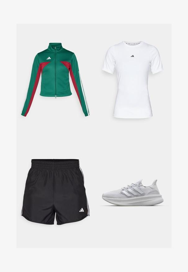 adidas Sportswear TIRO - Tréningová bunda - dark green/collegiate burgundy/white; Biela športová tričko s krátkymi rukávmi, vyrobené z hladkej, elastickej tkaniny. Obsahuje malé čierne logo Adidas na hrudi.; Čierne športové šortky s elastickým pásom, bočnými rozparkami a bielymi trojpruhmi. Obsahujú malé biele logo v dolnom pravom rohu.; Biele atletické tenisky s textúrovaným sieťovým zvrškom, trojrozmernými bočnými pruhmi a hrubou podrážkou označenou 'LIGHT BOOST'.