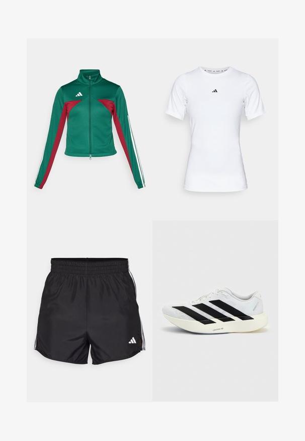 adidas Sportswear TIRO - Tréningová bunda - dark green/collegiate burgundy/white; Biela športová tričko s krátkymi rukávmi, vyrobené z hladkej, elastickej tkaniny. Obsahuje malé čierne logo Adidas na hrudi.; Čierne športové šortky s elastickým pásom, bočnými rozparkami a bielymi trojpruhmi. Obsahujú malé biele logo v dolnom pravom rohu.; Biela bežecká topánka s čiernym dizajnom so tromi pruhmi na boku a hrubou bielou podrážkou označenou "Lightstrike Pro" na jednofarebnom pozadí.