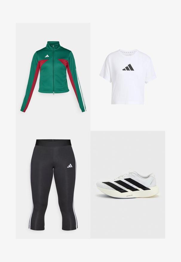 adidas Sportswear TIRO - Tréningová bunda - dark green/collegiate burgundy/white; Biely skrátený tričko z bavlny s čiernym logom s tromi pruhmi na prednej strane, krátke rukávy a okrúhly výstrih.; Čierne capri legíny s širokým pásom, so bielymi bočnými pruhmi a bielym logom Adidas na ľavom stehne. Hladká textúra.; Biela bežecká topánka s čiernym dizajnom so tromi pruhmi na boku a hrubou bielou podrážkou označenou "Lightstrike Pro" na jednofarebnom pozadí.