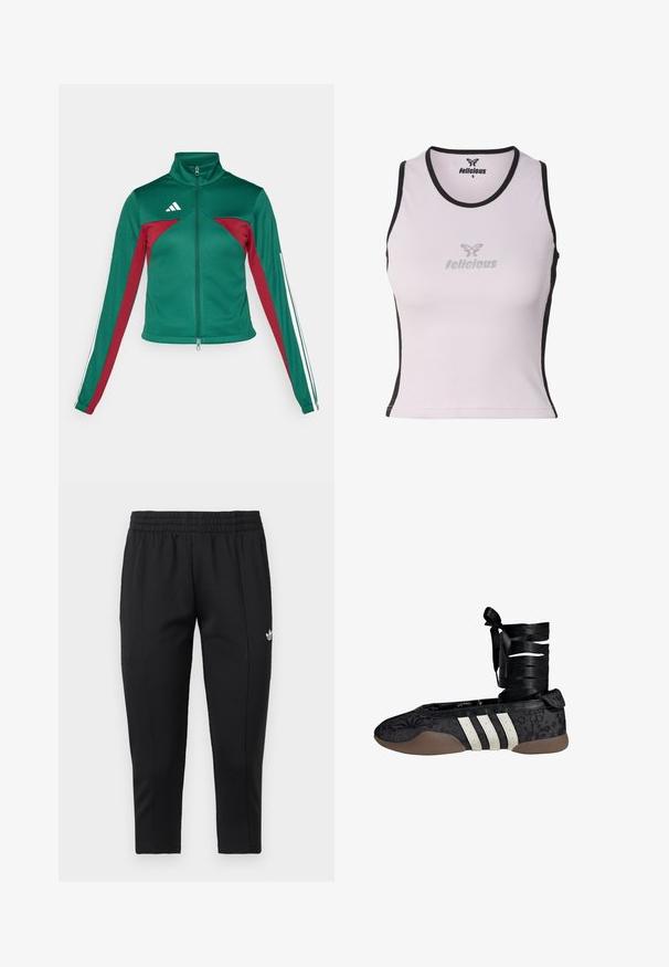 adidas Sportswear TIRO - Træningsjakke - dark green/collegiate burgundy/white; Hvid ribbet, ærmeløs cropped top med sort kant og gråt ”felicious”-logo på forsiden og indersiden af halsudskæringen.; Sorte sweatpants med tætsiddende ben, elastisk talje og hvidt Adidas-logo på øverste venstre lår.; Sort ballettflat med blomsterprint, hvidt design med tre striber og en stofankelrem. Materialet har tekstur og en fleksibel brun sål.