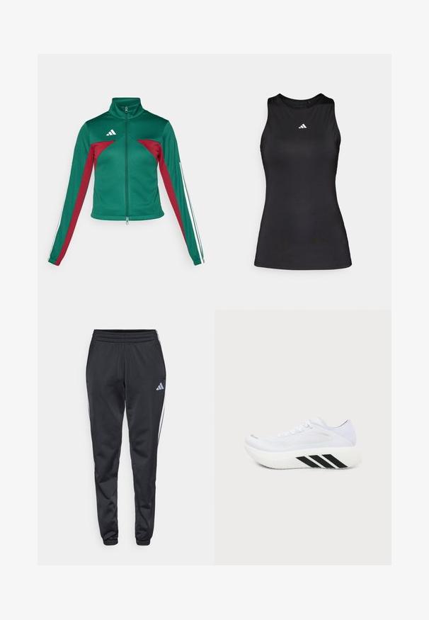 adidas Sportswear TIRO - Tréningová bunda - dark green/collegiate burgundy/white; Čierny bezrúškový športový top z hladkej látky. Disponuje okrúhlym výstrihom a malým bielym logom Adidas na hrudi.; Čierne športové nohavice s elastickým pásom, zúženými nohavicami a bielymi bočnými pruhmi. Na ľavom stehne je malé šedé logo trefoil.; Biela športová topánka s hrubou podrážkou, čierne diagonálne pruhy na strednej podrážke, sieťovinový zvršok a šnúrky, zobrazená zboku na obyčajnom pozadí.