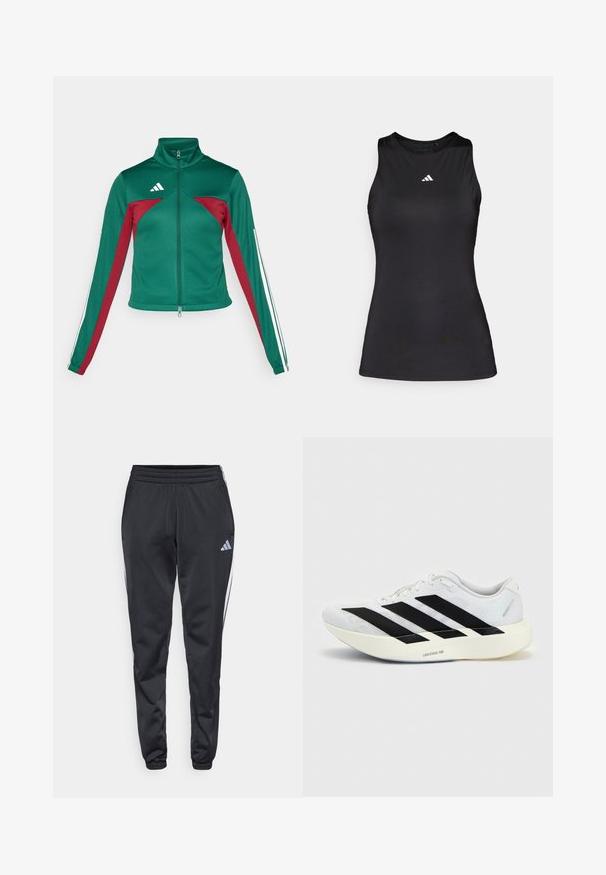 adidas Sportswear TIRO - Tréningová bunda - dark green/collegiate burgundy/white; Čierny bezrúškový športový top z hladkej látky. Disponuje okrúhlym výstrihom a malým bielym logom Adidas na hrudi.; Čierne športové nohavice s elastickým pásom, zúženými nohavicami a bielymi bočnými pruhmi. Na ľavom stehne je malé šedé logo trefoil.; Biela bežecká topánka s čiernym dizajnom so tromi pruhmi na boku a hrubou bielou podrážkou označenou "Lightstrike Pro" na jednofarebnom pozadí.