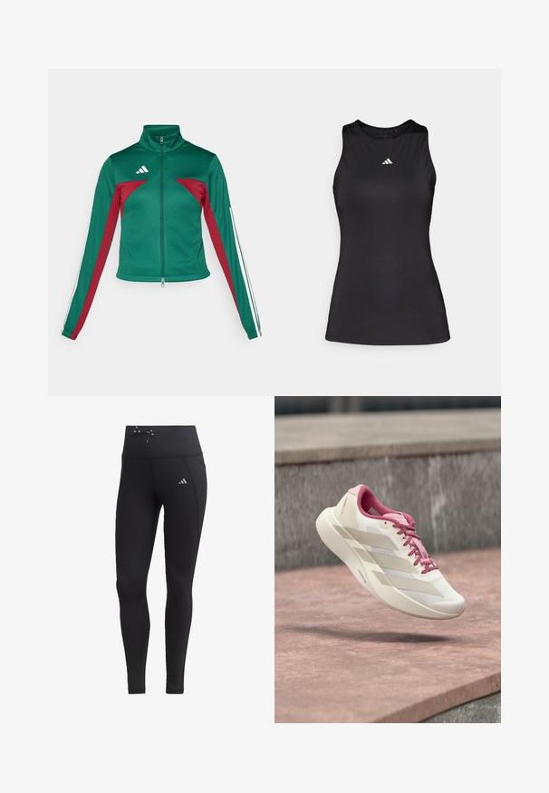 adidas Sportswear TIRO - Tréningová bunda - dark green/collegiate burgundy/white; Čierny bezrúškový športový top z hladkej látky. Disponuje okrúhlym výstrihom a malým bielym logom Adidas na hrudi.; Čierne legíny s vysokým pásom, detailom na šnúrku a bočnými vreckami. Vyrobené z hladkej tkaniny s reflexným logom.; Svetlo béžová a ružová bežecká obuv s vankúšovou podrážkou, ružovými šnúrkami a tromi béžovými pruhmi, ktoré visia nad kamenným povrchom.