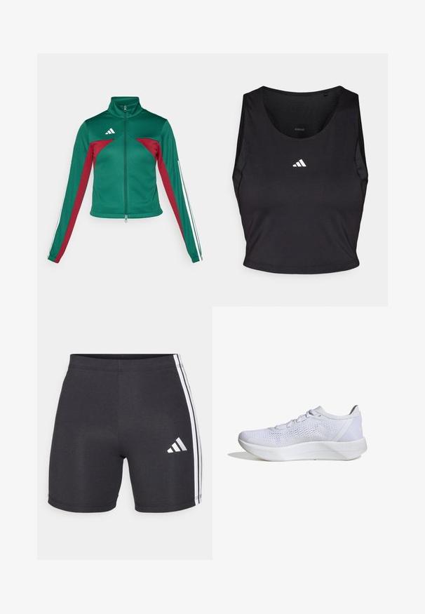 adidas Sportswear TIRO - Tréningová bunda - dark green/collegiate burgundy/white; Čierny športový crop top vyrobený z látky odvádzajúcej vlhkosť, s okrúhlym výstrihom, bez rukávov a bielym logom na hrudníku.; Čierne športové šortky vyrobené z elastického materiálu, s bielymi bočnými pruhmi a logom Adidas na dolnej pravej nohe. Hladká textura.; Biele atletické topánky s priedušným sieťovým zvrškom, šnurovací dizajn, polstrovaný golier a textúrovaná gumová podrážka pre trakciu.