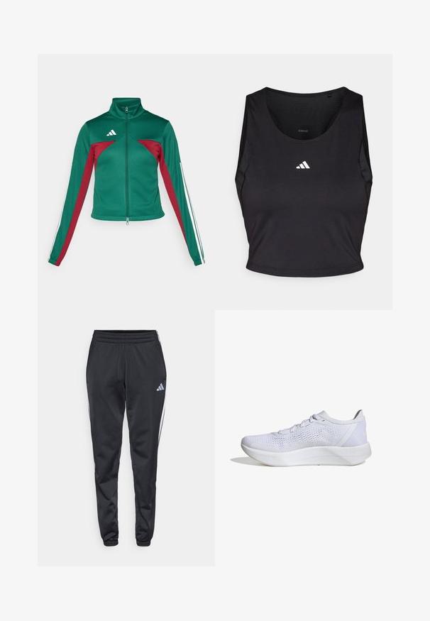adidas Sportswear TIRO - Tréningová bunda - dark green/collegiate burgundy/white; Čierny športový crop top vyrobený z látky odvádzajúcej vlhkosť, s okrúhlym výstrihom, bez rukávov a bielym logom na hrudníku.; Čierne športové nohavice s elastickým pásom, zúženými nohavicami a bielymi bočnými pruhmi. Na ľavom stehne je malé šedé logo trefoil.; Biele atletické topánky s priedušným sieťovým zvrškom, šnurovací dizajn, polstrovaný golier a textúrovaná gumová podrážka pre trakciu.