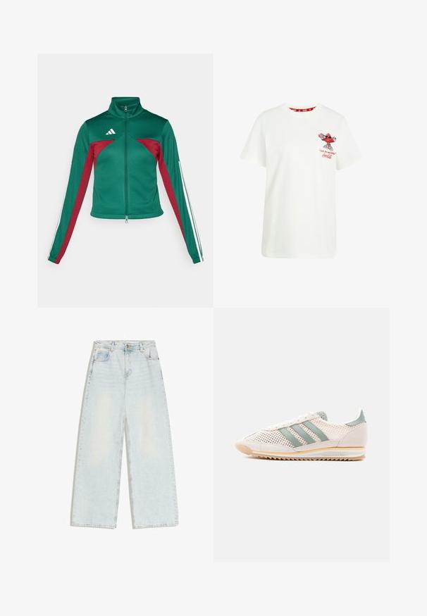 adidas Sportswear TIRO - Træningsjakke - dark green/collegiate burgundy/white; Hvid t-shirt med korte ærmer med en lille rød tegneseriefigur, der holder en Coca-Cola dåse, og teksten "’Is the real thing’ Coca-Cola" på brystet.; Lyseblå jeans med vide ben, fem lommer, bæltestropper og knaplukning foran i linningen.; Lysebeige og grøn Adidas-sneaker med mesh-overdel, tre grønne striber, ruskindsdetaljer og gummisål mod en hvid baggrund.