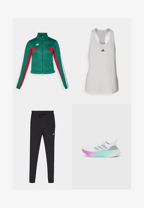 adidas Sportswear TIRO - Chaqueta de entrenamiento - dark green/collegiate burgundy/white; Camiseta deportiva blanca de tirantes, confeccionada en un tejido ligero, con un diseño de espalda cruzada y un pequeño logo negro en el pecho.; Pantalones deportivos negros hechos de una tela suave, con cintura elástica y cordón, piernas ajustadas y un pequeño logo blanco de Adidas en el muslo izquierdo.; Zapatilla de running blanca de Adidas con rayas grises y una suela gruesa que cambia de color de rosa a verde, con texto "Lightboost" y "Ultraboost".