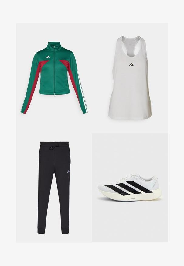 adidas Sportswear TIRO - Tréningová bunda - dark green/collegiate burgundy/white; Biely športový tielko vyrobené z ľahkej tkaniny, so športovým strihom a malým čiernym logom na hrudi.; Čierne športové nohavice vyrobené z mäkkej tkaniny, s nastaviteľným pásom, zúženými nohavicami a malým bielym logom Adidas na ľavom stehne.; Biela bežecká topánka s čiernym dizajnom so tromi pruhmi na boku a hrubou bielou podrážkou označenou "Lightstrike Pro" na jednofarebnom pozadí.