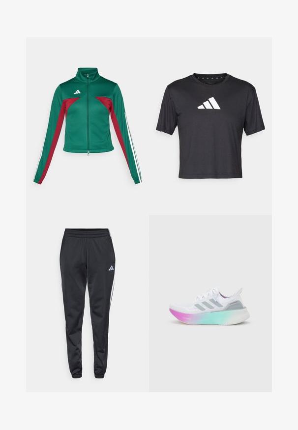 adidas Sportswear TIRO - Veste de survêtement - dark green/collegiate burgundy/white; T-shirt noir court en tissu lisse, avec un logo Adidas blanc sur la poitrine, un col rond et des manches courtes.; Pantalons de sport noirs avec une taille élastique, des jambes effilées et des bandes latérales blanches. Présente un petit logo gris en forme de trèfle sur la cuisse gauche.; Chaussure de course Adidas blanche avec des bandes grises et une semelle épaisse passant du rose au vert, arborant les textes "Lightboost" et "Ultraboost".
