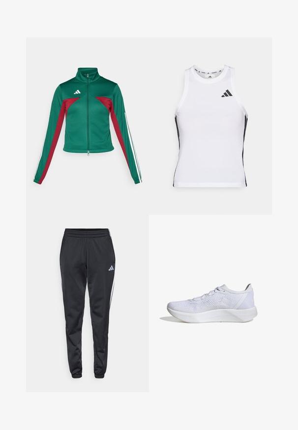 adidas Sportswear TIRO - Tréningová bunda - dark green/collegiate burgundy/white; Biely športový tielko s čiernymi bočnými akcentami a logom. Má výstrih v tvare lode a priliehavý strih, vyrobené z ľahkého, priedušného materiálu.; Čierne športové nohavice s elastickým pásom, zúženými nohavicami a bielymi bočnými pruhmi. Na ľavom stehne je malé šedé logo trefoil.; Biele atletické topánky s priedušným sieťovým zvrškom, šnurovací dizajn, polstrovaný golier a textúrovaná gumová podrážka pre trakciu.