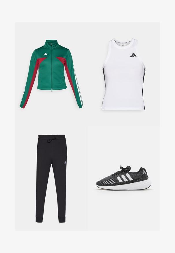 adidas Sportswear TIRO - Træningsjakke - dark green/collegiate burgundy/white; Hvid athletic tanktop med sorte sideaccentuer og logo. Har en scoop-neckline og tætsiddende design, lavet af letvægts, åndbart materiale.; Sorte atletiske bukser lavet af blødt stof, med elastisk talje, tætsiddende ben og et lille hvidt Adidas-logo på venstre lår.; Sorte sportssko med en struktureret overdel, hvidt tre-stribe-design, gummiydersål og kontrasterende hvide detaljer på hælen.