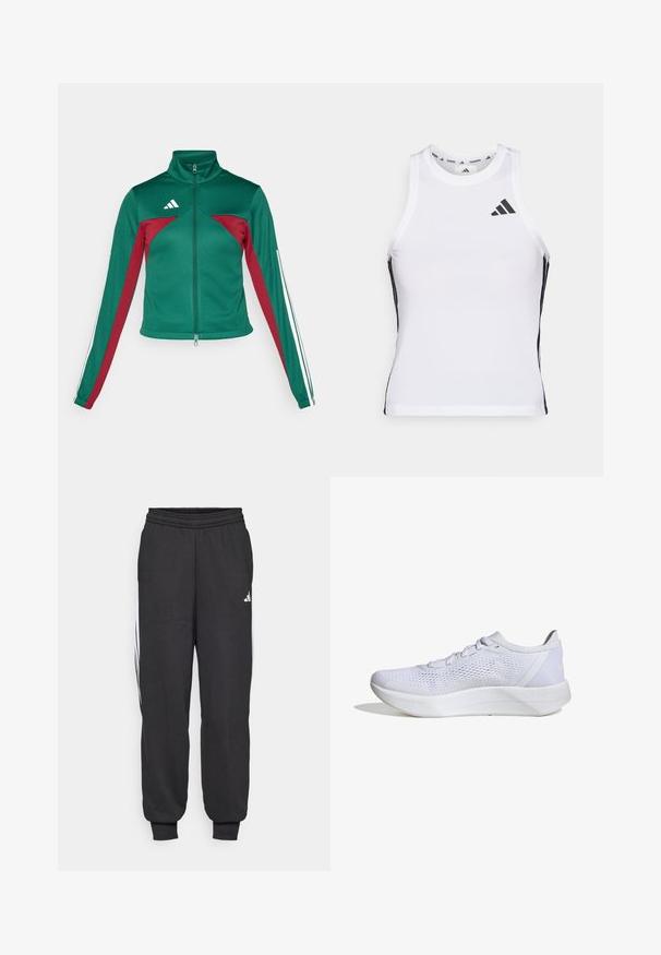 adidas Sportswear TIRO - Træningsjakke - dark green/collegiate burgundy/white; Hvid athletic tanktop med sorte sideaccentuer og logo. Har en scoop-neckline og tætsiddende design, lavet af letvægts, åndbart materiale.; Sorte træningsbukser med elastisk talje, indsnævrede ankler og hvide sidelister. Lavet af blødt stof med en glat tekstur.; Hvide sportssko med en åndbar mesh-overdel, snørebåndsdesign, polstret krave og en struktureret gummisål for bedre greb.
