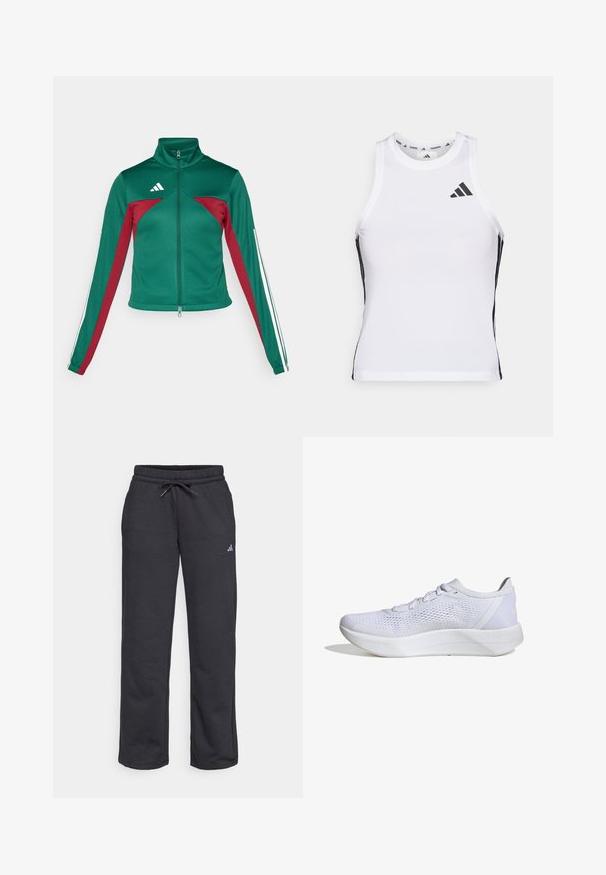 adidas Sportswear TIRO - Tréningová bunda - dark green/collegiate burgundy/white; Biely športový tielko s čiernymi bočnými akcentami a logom. Má výstrih v tvare lode a priliehavý strih, vyrobené z ľahkého, priedušného materiálu.; Čierne tepláky z mäkkého materiálu s elastickým pásom, šnúrkou a malým logom na ľavej nohe.; Biele atletické topánky s priedušným sieťovým zvrškom, šnurovací dizajn, polstrovaný golier a textúrovaná gumová podrážka pre trakciu.