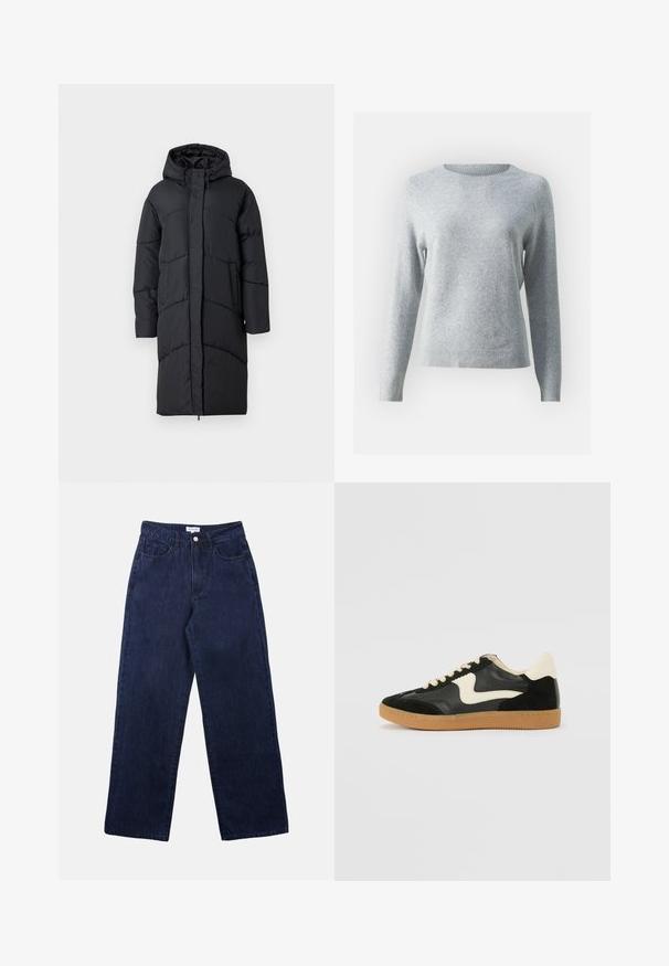 Sort polstret jakke med hætte, der har en frontlynlås, sidelommer og et quiltet design til isolering. Langærmet og knælængde.; Lysegrå sweater lavet af blødt materiale, med rund halsudskæring, lange ærmer og ribkantede manchetter og bund for et tætsiddende udseende.; Mørkeblå denimbukser med lige ben, der har en frontknaplukning, bæltestropper og to forlommer.; Sorte ruskinds- og lædersneakers med en cremefarvet side-swoosh og lys cremefarvet hæl. Har beige snørebånd og en gummirubber-sål.