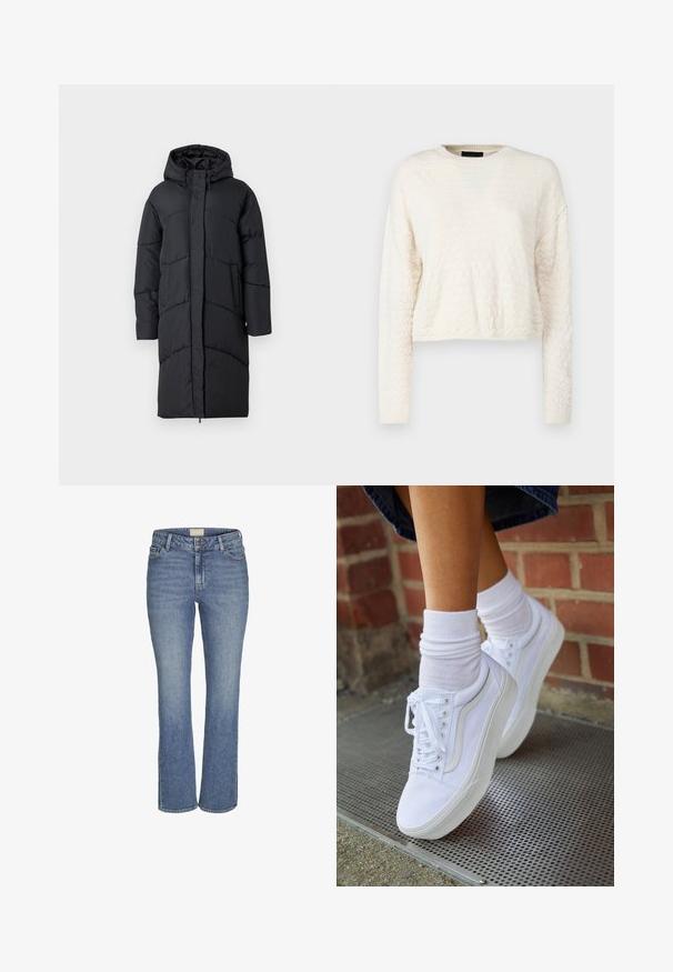 Sort polstret jakke med hætte, der har en frontlynlås, sidelommer og et quiltet design til isolering. Langærmet og knælængde.; Cremefarvet cropped sweater med et struktureret diamantmønster, lange ærmer og ribkant ved halsen og kanten. Blødt, strikket materiale.; Mørkeblå lige ben denim jeans med frontknap og lynlås, bæltesløjfer samt front- og baglommer.; Hvide lærreds sneakers med gummisåler, der har seks snørehuller, rund tå og let sømdetaljer, krydret med hvide ankelstrømper.