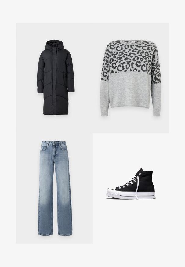 Sort polstret jakke med hætte, der har en frontlynlås, sidelommer og et quiltet design til isolering. Langærmet og knælængde.; Grå sweater med leopardprintdesign i mørkegrå. Har rund halsudskæring og lange ærmer, lavet af et blødt, struktureret materiale.; Bredde ben bløde denim jeans i blå med en lys vask, lynlås, fem-lomme design og subtil falming nær anklerne.; Sort high-top canvas sneaker med hvid gummisål og hvide snørebånd, vist fra siden mod en hvid baggrund.