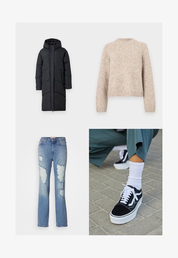 Čierna vyp padded bunda s kapucňou, predným zipsom, bočnými vreckami a prešívaným dizajnom na izoláciu. Dlhé rukávy a dĺžka po kolená.; Béžový pletený sveter s okrúhlym výstrihom, dlhými rukávmi a rebrovanými manžetami. Vyrobený z textúrovanej zmesi vlny s jemnými škvrnami.; Svetlomodré, vysoké džínsy s rovnom kresbou. Majú výrazné roztrhnutia a rozstrapkané okraje vpredu, vyrobené z denimovej látky.; Čierne semišové tenisky s bielymi akcentmi a šnúrkami, s hrubou bielou podrážkou a kontrastným prešívaním, doplnené o bielu ponožku.