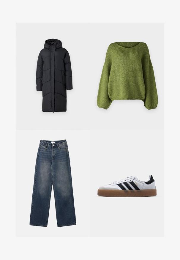 Sort polstret jakke med hætte, der har en frontlynlås, sidelommer og et quiltet design til isolering. Langærmet og knælængde.; JDY Knitted JDYDINEA Knitted - Striktrøje - fern; Mænds højtaljede blå denim jeans med brede ben, frontknap og lynlås samt for- og baglommer.; Hvide lædersneakers med sorte striber, gummirubber sål, rund tå, snørelukning og blød grå ruskinds tåhætte.