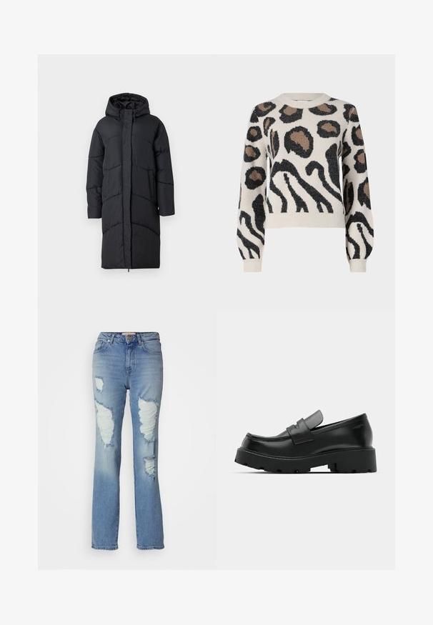 Sort polstret jakke med hætte, der har en frontlynlås, sidelommer og et quiltet design til isolering. Langærmet og knælængde.; JDY LORRAINE - Striktrøje - cement; Lysblå, højtaljede jeans med et lige ben design. Har fremtrædende revner og frayed kanter foran, lavet af denim stof.; Sorte læder loafers med en chunky tekstureret sål, der har en rem over vamps og en glat, poleret finish.