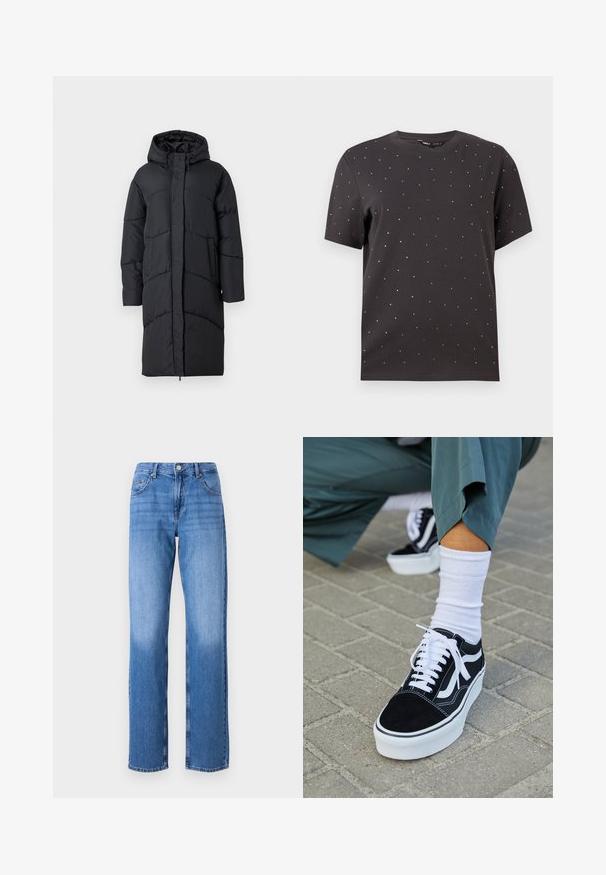 Sort polstret jakke med hætte, der har en frontlynlås, sidelommer og et quiltet design til isolering. Langærmet og knælængde.; Sort T-shirt med korte ærmer, rund halsudskæring og spredte metalnitte-accenter på forsiden, lavet af blødt bomuldsstof.; Lyseblå denimjeans med høj talje, lige ben og slidte områder. Har almindelige for- og baglommer samt en knaplukning.; Sorte ruskinds sneakers med hvide accenter og snørebånd, der har en tyk hvid sål og kontrasterende syninger, parret med en hvid sok.