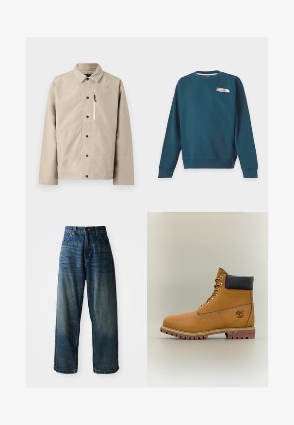 Beige North Face skjortejakke med krave og lynlåslomme på brystet, designet til udendørs brug.; Mørk teal langærmet sweatshirt med rund hals og lille hvid The North Face-logo på venstre bryst.; Bredde ben blå denimjeans med en falmet finish. Har fem lommer, knaplukning og kontrasterende syninger. Tyk stof.; Brun læderankelstøvle med sort krave, gule snørebånd og tanfarvet sål. Har logo og hvide syninger som detalje. Robust ydersål med greb.