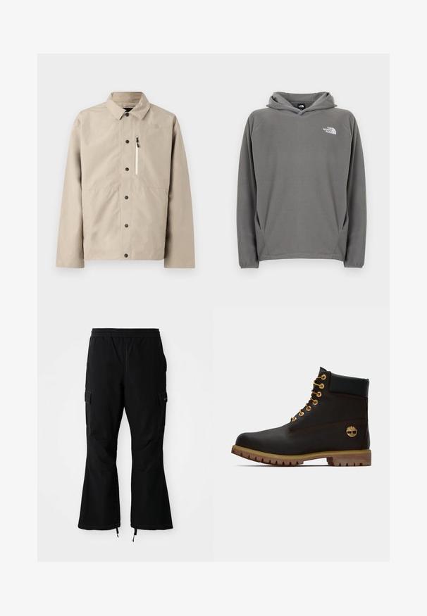 Beige North Face Hemdjacke mit Kragen und Reißverschlusstasche auf der Brust, entworfen für den Outdoor-Einsatz.; Grauer Fleece-Kapuzenpullover mit Fronttasche, verstellbarem Kordelzug an der Kapuze und kleinem weißem Logo auf der linken Brustseite.; Schwarze Cargo-Hosen mit elastischem Bund, ausgestattet mit Seitentaschen und ausladenden Beinen mit Reißverschlüssen an den Beinabschlüssen, vor einem weißen Hintergrund präsentiert.; Schwarze Leder-Ankle-Boots mit goldenen Ösen, braunen Akzenten und einer Gummisohle. Verfügt über einen gepolsterten Schaft und ein geprägtes Logo an der Seite.