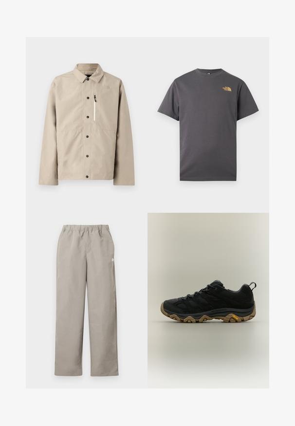 Veste beige à boutons North Face avec col et poche zippée sur la poitrine, conçue pour les activités de plein air.; T-shirt gris foncé à manches courtes, col rond, avec petit logo jaune "The North Face" sur le haut gauche de la poitrine.; Pantalon beige à jambe droite avec une ceinture élastique et un petit logo blanc sur la couture latérale droite.; Chaussure de randonnée noire avec semelle Vibram marron texturée et languette au talon, présentée de profil sur fond neutre.