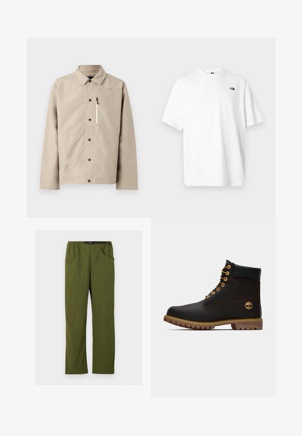Beige North Face Hemdjacke mit Kragen und Reißverschlusstasche auf der Brust, entworfen für den Outdoor-Einsatz.; Weißes Baumwoll-T-Shirt mit kurzen Ärmeln und V-Ausschnitt, mit einem kleinen schwarzen Logo auf der oberen linken Seite. Weiche Textur, lockere Passform.; Olivgrüne gerade geschnittene Hose mit elastischem Bund und schwarzem verstellbarem Schnallen-Gürtel, Vorder- und Seitentaschen, Details in der vorderen Naht.; Schwarze Leder-Ankle-Boots mit goldenen Ösen, braunen Akzenten und einer Gummisohle. Verfügt über einen gepolsterten Schaft und ein geprägtes Logo an der Seite.
