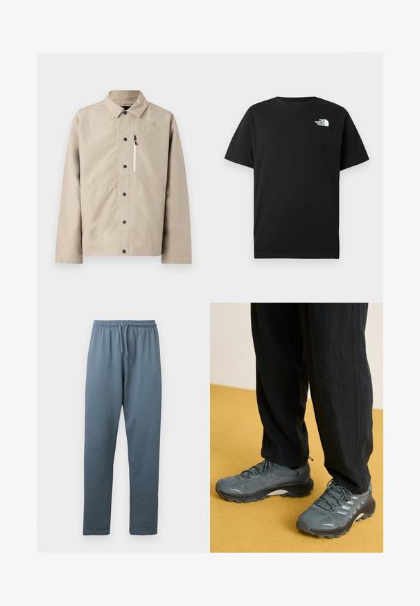Chaqueta beige de North Face con botones y cuello, y bolsillo en el pecho con cremallera, diseñada para uso al aire libre.; Camiseta de algodón negra con mangas cortas, cuello redondo y logotipo blanco en el pecho izquierdo. Diseño simple, sin adornos.; Pantalones deportivos de cintura elástica azul grisáceo con cordón ajustable y piernas rectas mostrados contra un fondo blanco.; Zapatillas deportivas de malla gris y sintético con una suela prominente, acentos reflectantes y diseño de cordones, combinadas con pantalones negros holgados.