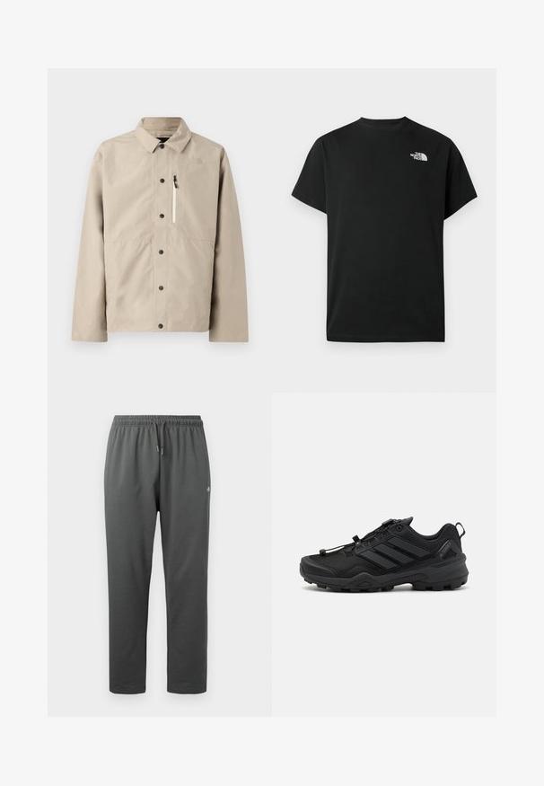 Veste beige à boutons North Face avec col et poche zippée sur la poitrine, conçue pour les activités de plein air.; T-shirt noir à manches courtes en coton. Présente un logo blanc sur le côté gauche de la poitrine. Coupe simple avec un col rond et des détails de design minimalistes.; Pantalon de survêtement en polaire gris foncé avec taille élastique et cordon de serrage, avec un petit logo sur la cuisse droite.; Chaussure de sport noire avec une tige en maille texturée, des accents synthétiques contrastants et une semelle en caoutchouc robuste. Comprend un système de laçage sécurisé et un onglet à l'arrière.