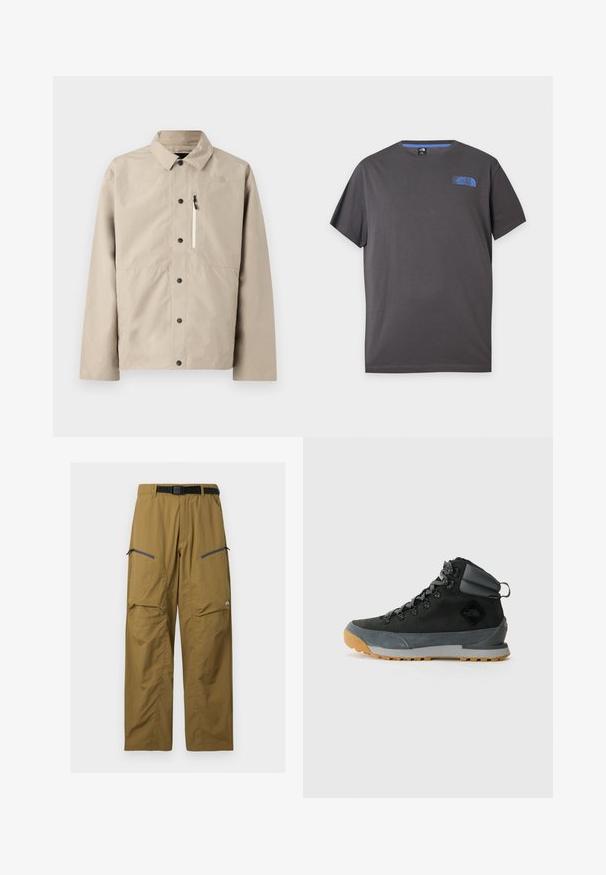 Beige North Face skjortejakke med krave og lynlåslomme på brystet, designet til udendørs brug.; Mørkegrå T-shirt med korte ærmer og rund hals med lille blå The North Face-logo på øverste venstre bryst mod hvid baggrund.; Khaki udendørs bukser med sort justerbart bælte, to lynlåslommer på låret og knæsyninger, vist på en ensfarvet baggrund.; Sorte højtop støvler til vandring lavet af tekstureret ruskind og syntetiske materialer, med grå accenter, robust gummisåle og grå snørebånd.