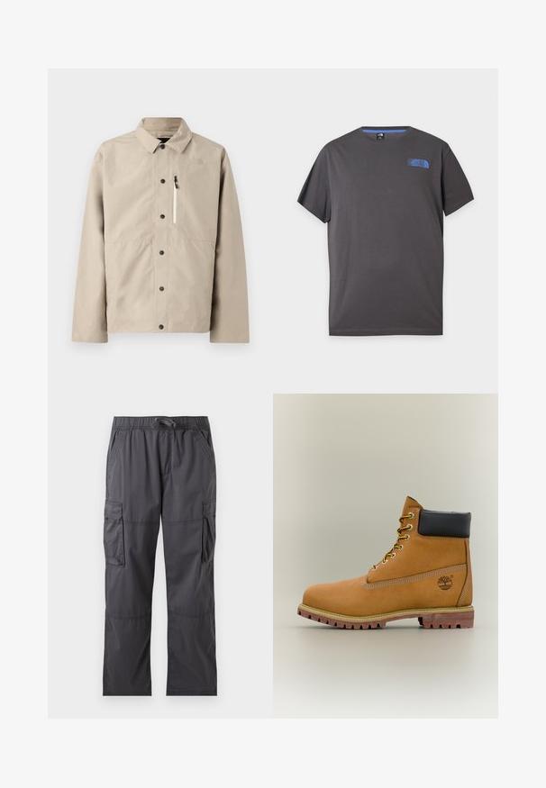 Beige North Face skjortejakke med krave og lynlåslomme på brystet, designet til udendørs brug.; Mørkegrå T-shirt med korte ærmer og rund hals med lille blå The North Face-logo på øverste venstre bryst mod hvid baggrund.; Mørkegrå cargobukser med elastisk talje, snøre, sidelommer og klaplommer på hvert lår, vist fladt på en hvid baggrund.; Brun læderankelstøvle med sort krave, gule snørebånd og tanfarvet sål. Har logo og hvide syninger som detalje. Robust ydersål med greb.