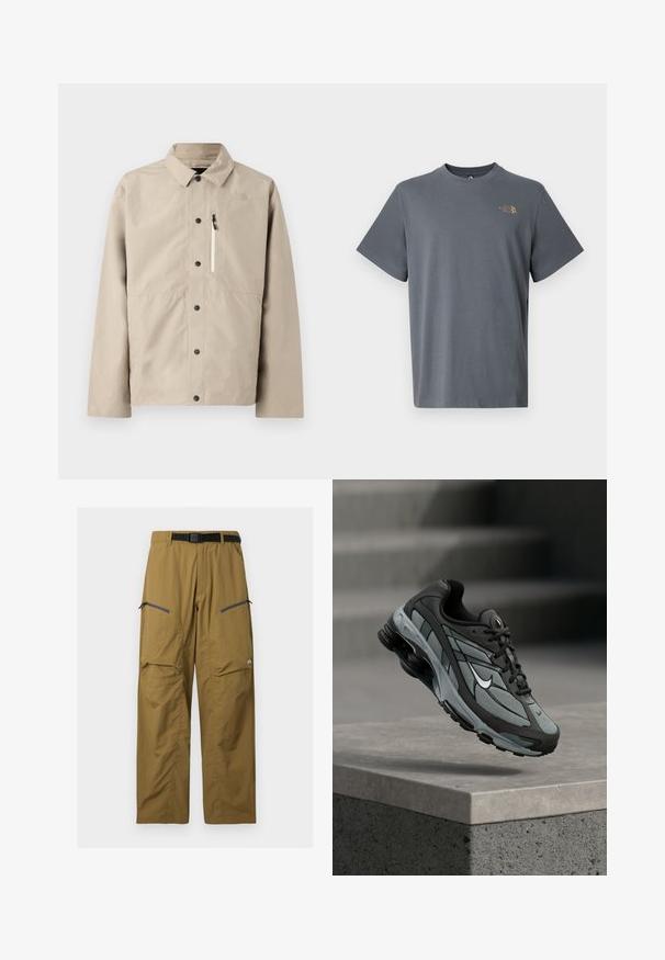 Beige North Face skjortejakke med krave og lynlåslomme på brystet, designet til udendørs brug.; Grå bomuld t-shirt med korte ærmer og rund hals, med en lille gylden logo på venstre brystområde. Glat tekstur og enkelt design.; Khaki udendørs bukser med sort justerbart bælte, to lynlåslommer på låret og knæsyninger, vist på en ensfarvet baggrund.; Grå og sort atletiksko med meshpaneler og tyk sål, placeret i luften over en betonliste med trapper i baggrunden.