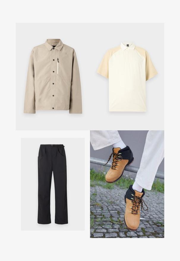 Chaqueta beige de North Face con botones y cuello, y bolsillo en el pecho con cremallera, diseñada para uso al aire libre.; Polo de manga corta con mangas raglán beige, cuerpo crema y cuello con botones, sobre fondo gris neutro.; Pantalones negros de pierna recta con cintura elástica y cinturón ajustable con hebilla, con bolsillos delanteros y laterales.; Botas de senderismo marrones y negras con parte superior de ante, ojales dorados y cordones con patrón, exhibidas en una barandilla sobre adoquines. Calcetines blancos visibles.