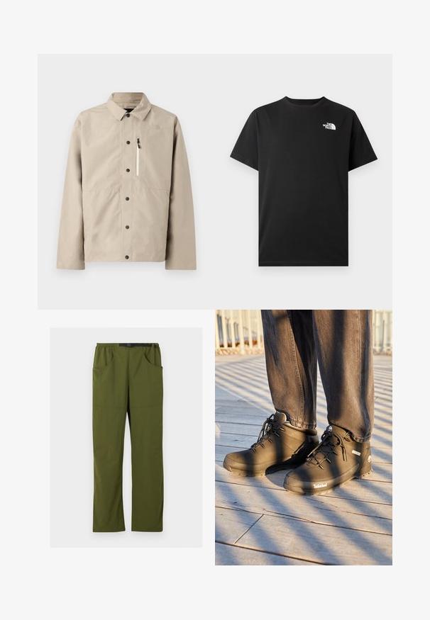 Beige North Face skjortejakke med krave og lynlåslomme på brystet, designet til udendørs brug.; Sort bomuld T-shirt med korte ærmer, rund halsudskæring og en lille hvid logo på venstre brystområde. Glat tekstur, standard pasform.; Olivengrønne bukser med lige ben, elastisk talje og sort justerbart spændebælte, forlommer og sidelommer, detaljer med søm foran.; Sorte Timberland vandrestøvler har et højt design, struktureret overflade og runde snørebånd, sat mod en trægulv baggrund.