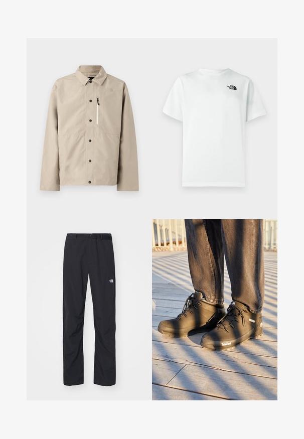 Chaqueta beige de North Face con botones y cuello, y bolsillo en el pecho con cremallera, diseñada para uso al aire libre.; Camiseta blanca de algodón con mangas cortas y cuello redondo, con un pequeño logotipo negro en la parte izquierda del pecho. Textura suave.; The North Face ABUKUMA PANT - Pantalones - black; Las botas de senderismo negras de Timberland presentan un diseño de caña alta, una superficie texturizada y cordones redondos, todo ello sobre un fondo de suelo de madera.