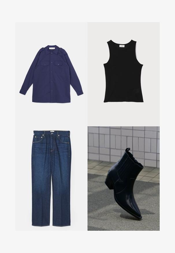 Chemise bleu marine à boutons en coton, dotée de deux poches sur la poitrine, d'épaulettes et de manches longues avec des poignets à boutons.; Débardeur noir à côtes avec un encolure ronde et de larges bretelles, présentant une finition texturée subtile et un petit détail en mesh au bas.; Jean en denim bleu foncé avec une coupe droite, présentant un design classique à cinq poches, des coutures jaunes contrastantes et des rivets en métal.; Bottine noire en cuir brillant avec un talon épais, des panneaux élastiques sur les côtés et une languette, positionnée debout sur un pavement texturé près d'un mur carrelé.