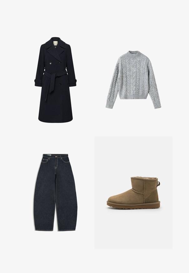 Manteau bleu marine à double boutonnage en mélange de laine, doté de grands revers, d'une taille ceinturée et de poignets boutonnés. Design élégant et structuré.; Pull gris en tricot avec un design en câble texturé, col montant, poignets et ourlet côtelés. Fabriqué en fil doux pour la chaleur.; Jean denim bleu foncé à jambes larges, taille haute, bouton à l'avant, fermeture éclair et design à cinq poches sur fond blanc.; Bottines en daim marron avec une doublure douce et pelucheuse, bout rond et un accent en boucle à l'arrière. Semelle en caoutchouc plate avec grip texturé.
