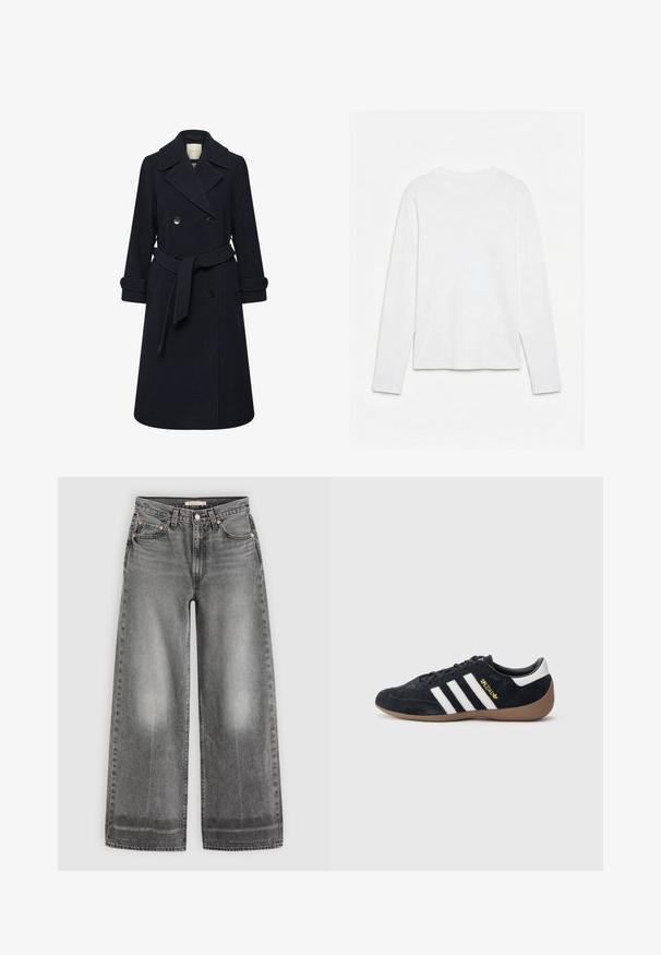 Manteau bleu marine à double boutonnage en mélange de laine, doté de grands revers, d'une taille ceinturée et de poignets boutonnés. Design élégant et structuré.; T-shirt blanc uni à manches longues et col rond, posé à plat sur une surface blanche, montrant l'avant et la longueur complète des manches.; Jean en denim gris taille haute, à jambes larges, avec un bouton à l'avant, des passants de ceinture et des détails délavés sur les cuisses et les ourlets.; Baskets en daim noir avec trois bandes blanches, semelle en caoutchouc beige, et un petit logo doré sur le côté. Dotées d'une doublure intérieure noire lisse.