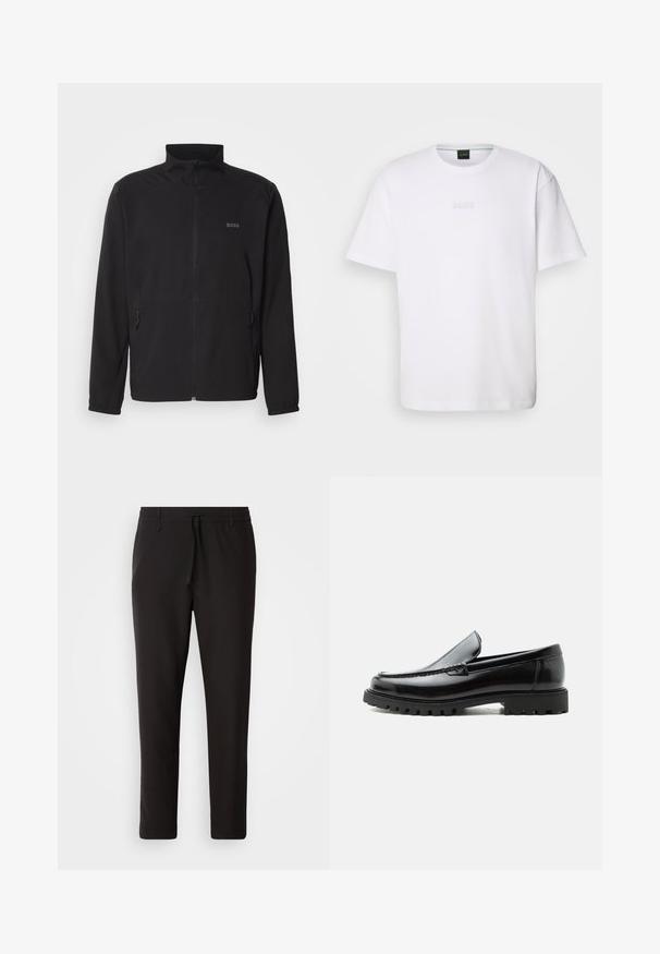 Schwarze Jacke mit Stehkragen, frontalem Reißverschluss und zwei Seitentaschen. Besitzt ein dezentes Logo auf der linken Brust und elastische Bündchen.; Weißes Baumwoll-T-Shirt mit kurzen Ärmeln, rundem Ausschnitt und geprägtem "BOSS"-Logo auf der Brust. Glatte Textur, normale Passform.; Schwarze Jogginghose aus glattem Stoff. Mit einem elastischen Bund und Kordelzug, schmal zulaufenden Beinen und ohne sichtbare Taschen. Einfaches Design.; Schwarzer Lederloafer mit grober Gummisohle, genähter Oberseite und geprägtem Markennamen an der Ferse, seitlich auf weißem Hintergrund gezeigt.