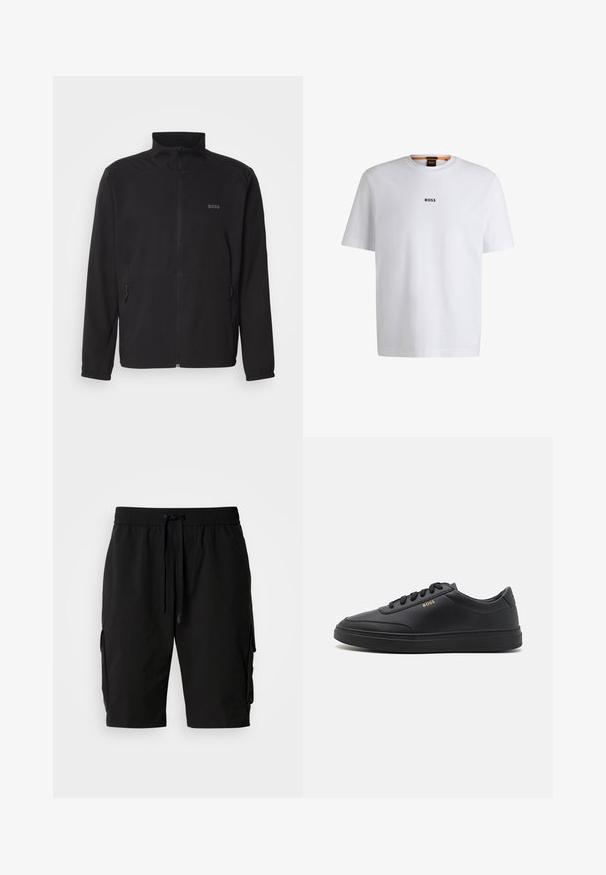 Schwarze Jacke mit Stehkragen, frontalem Reißverschluss und zwei Seitentaschen. Besitzt ein dezentes Logo auf der linken Brust und elastische Bündchen.; Weißes Baumwoll-T-Shirt mit kurzen Ärmeln, ausgestattet mit einem schwarzen "BOSS"-Logo, das mittig auf der Brust platziert ist, und einem runden Halsausschnitt.; Schwarze Cargo-Shorts aus leichtem Material, mit elastischem Bund, Kordelzug und seitlichen Cargo-Taschen für zusätzlichen Stauraum.; Schwarze Leder-Sneaker mit glatter Textur, runder Zehenpartie, flacher Gummisohle und einfarbigen Schnürsenkeln. Mit goldfarbenem "BOSS" Logo an der Seite.