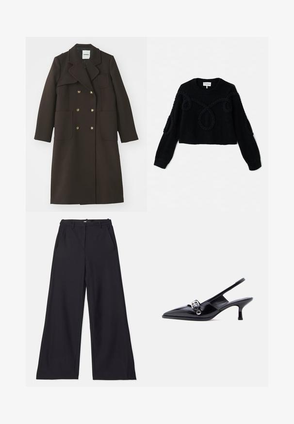 Manteau marron croisé avec un col cranté, grandes poches avant, boutons dorés, et une silhouette ajustée en tissu mélangé de laine.; Pull en tricot noir avec un design court, un tissu texturé et des accents tressés sur le devant et les manches.; Maje PIMANO - Pantalon classique - noir; Chaussure à talon bas en cuir verni noir avec bride arrière, bout pointu et détail boucle argentée sur fond blanc uni.