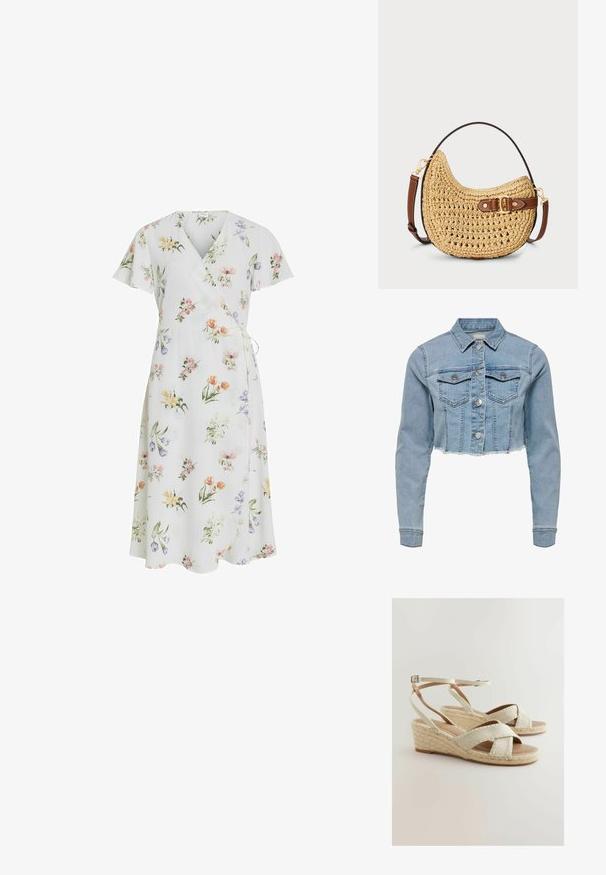 Beskarvet denimjakke i lys blå. Har en klassisk krave, knaplukning foran, to brystlommer og frynset kant. Fremstillet af blød bomuld.; VILA VILOVIE S/S WRAP MIDI DRESS - NOOS - Hverdagskjole - snow white; Beige kilehæle sandaler med et overdel i stof og krydsende remme, en vævet jute-platform og en justerbar ankelrem. Glat sål.; Vævet halmmulesæk med en buet form, brunt læderstrop med spænde og en naturlig tan farve. Tekstureret overflade med synlige sting.