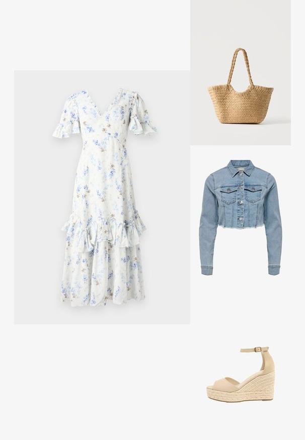 Beskarvet denimjakke i lys blå. Har en klassisk krave, knaplukning foran, to brystlommer og frynset kant. Fremstillet af blød bomuld.; Blomster midi kjole i lyseblå og hvid med puffede ærmer, V-hals og volangkant, med spredte mørkebrune detaljer og mønstre.; Beige kile-sandal med fletplatform i jute, åben tå og ankelrem med guldlås.; Vævet stråtaske med bred bund, flettede håndtag og naturlig beige farve på ensfarvet hvid baggrund.