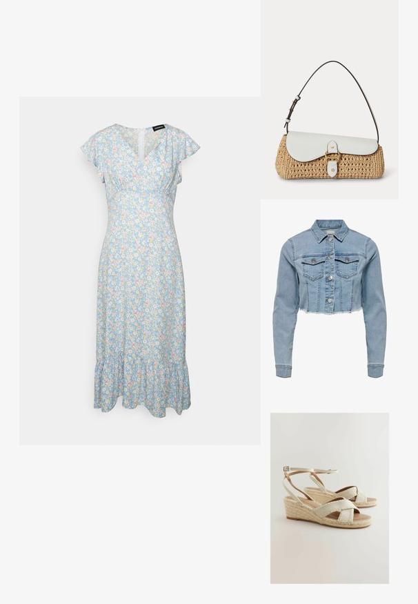Veste en denim coupée de couleur bleu clair. Présente un col classique, une fermeture à bouton, deux poches poitrine et un ourlet effiloché. Fabriquée en coton doux.; Even&Odd Robe de jour - light blue/pink; Sandales compensées beiges avec une tige en textile, des brides croisées, une plate-forme en jute tissé et une sangle de cheville ajustable. Semelle lisse.; Sac à main en paille tissée avec rabat en cuir blanc, boucle dorée et bandoulière réglable marron foncé sur fond blanc.