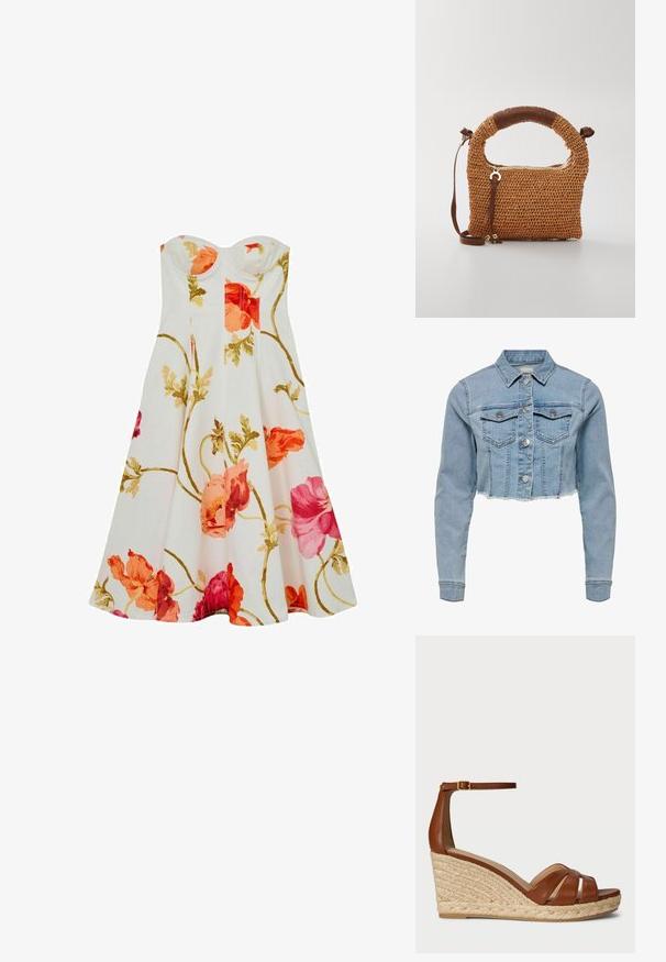 Kort denim jack in lichtblauw. Beschikt over een klassieke kraag, knopenlijst aan de voorkant, twee borstzakken en een rafelige zoom. Gemaakt van zachte katoen.; Witte strapless midi-jurk met roze, rode en oranje bloemenprint en groene bladranken.; Bruine leren wedge sandalen met een enkelbandje, voorzien van een geweven jute platform en een gekruist bandontwerp. Duurzame en gestructureerde materialen.; Bruine gevlochten handtas met een ronde handgreep. Bevat een ritsluiting en een verstelbare strap, aangevuld met een leren accent op de handgreep.