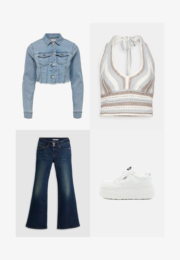 Veste en denim coupée de couleur bleu clair. Présente un col classique, une fermeture à bouton, deux poches poitrine et un ourlet effiloché. Fabriquée en coton doux.; Haut halter en crochet avec des rayures bleu clair, beige et blanc, doté d'un décolleté en V profond et d'un lien dans le dos. Texture en torsion ouverte sur l'ensemble.; Jean flare super bas en denim bleu foncé avec poches avant et arrière, fermeture à double bouton et détails décolorés sur les cuisses et les genoux.; Baskets plateforme blanches avec un extérieur synthétique lisse, un bout arrondi, un col rembourré et une semelle texturée. Présente une étiquette logo contrastante.