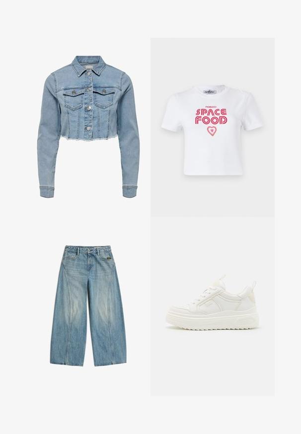 Kort denim jack in lichtblauw. Beschikt over een klassieke kraag, knopenlijst aan de voorkant, twee borstzakken en een rafelige zoom. Gemaakt van zachte katoen.; Witte katoenen t-shirt met rode grafische tekst die "SPACE FOOD" leest met een hartaccent, korte mouwen en een ronde hals.; Lichtblauwe wijde denim jeans met voor- en achterzakken, ceintuurlussen en zichtbare naaddetails op de pijpen.; Witte leren sneakers met een stevige zool, vetersluiting en subtiele branding. Heeft een zachte textuur en een ronde neus.