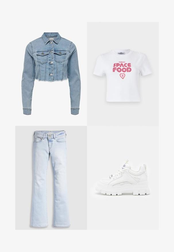 Unverkürzt geschnittene Jeansjacke in Hellblau. Sie verfügt über einen klassischen Kragen, eine durchgeknöpfte Vorderseite, zwei Brusttaschen und einen ausgefransten Saum. Hergestellt aus weicher Baumwolle.; Weißes Baumwoll-T-Shirt mit rotem grafischem Text, der "SPACE FOOD" mit einem Herzakzent liest, kurze Ärmel und Rundhalsausschnitt.; Hellblaue Denim-Jeans mit ausgestellten Beinen und hoher Taille, ausgestattet mit einem Knopfverschluss, fünf Taschen und dezentem Used-Look an den Hüften.; Weiße klobige Sneakers mit einer strukturierten Oberseite, gepolstertem Schaft und dicker, gerippter Sohle. Verfügt über kontrastierende schwarze Schnürsenkel und Branding-Details.